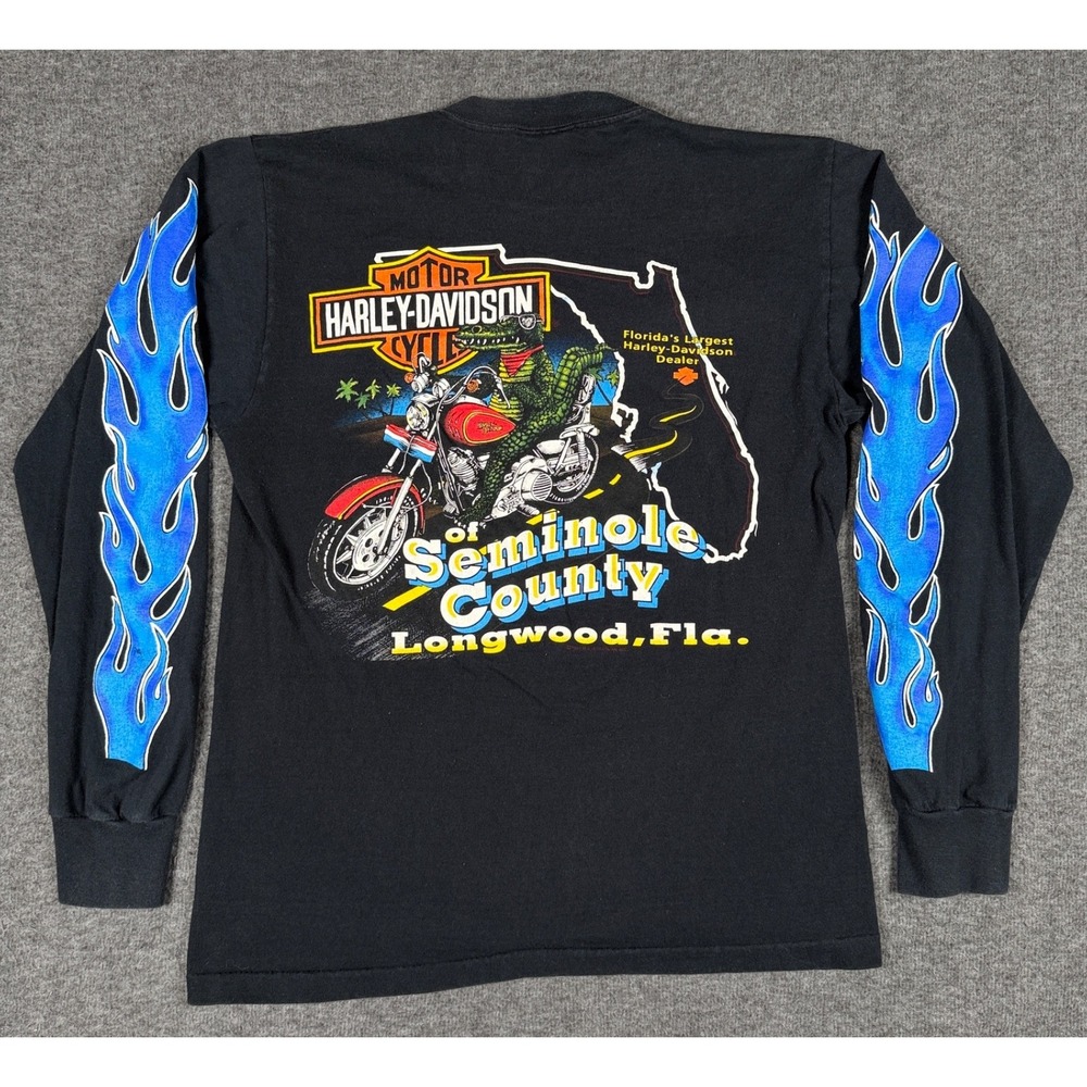 VTG 1991 Harley Davidson Shirt Mens Medium Blue Flames Gator Seminole FL Biker *